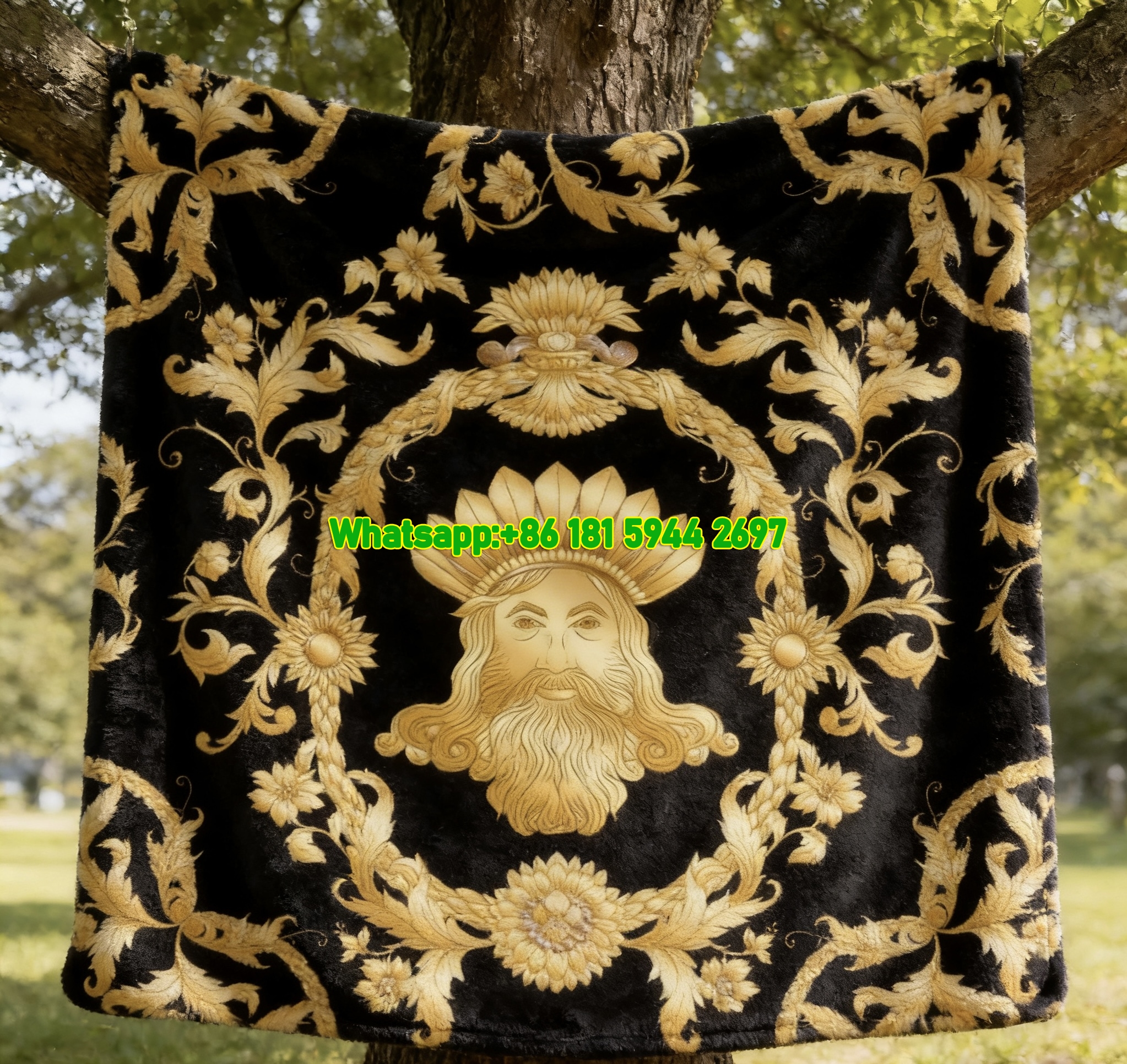 Versace Black Gold Baroque Medusa Sun God Print Flannel Sofa Throw Blanket IMG_1645